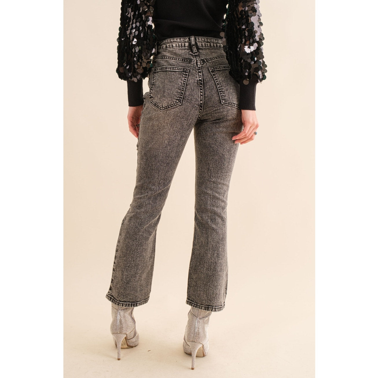 Charcoal Crop Stretch Ankle Button Heart Cut Out Denim Jeans