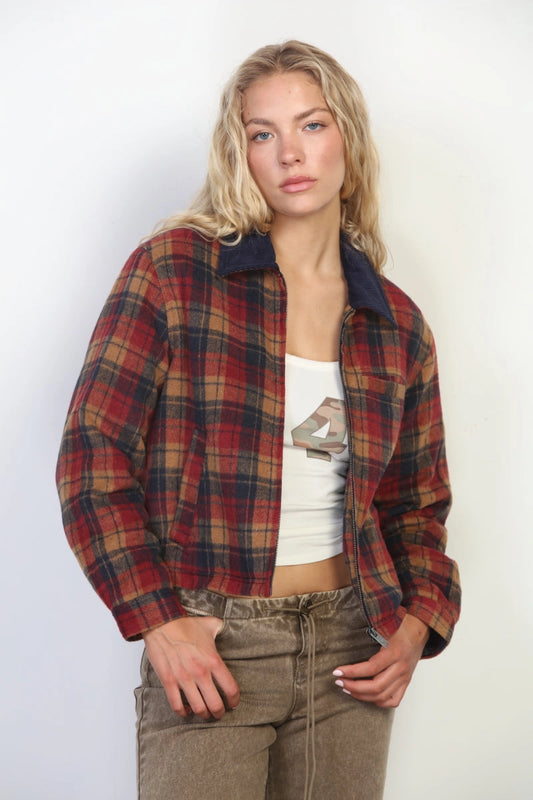 Burgundy Heavy Cotton Plaid Barn Jacket