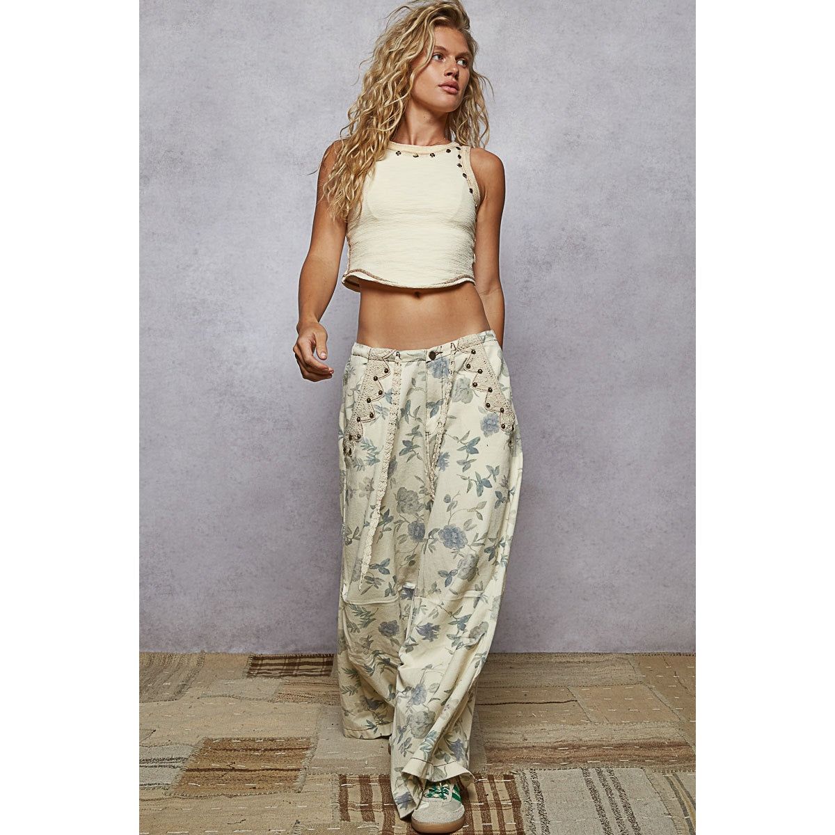 Cream Floral Lace Drawstring Detail Printed Twill Woven Pants