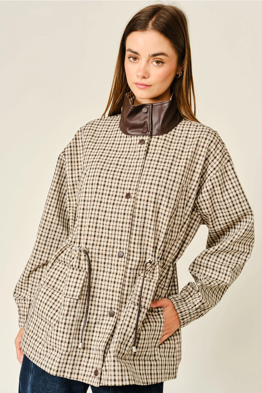 Plaid Faux Leather Mock Neck Detail Jacket