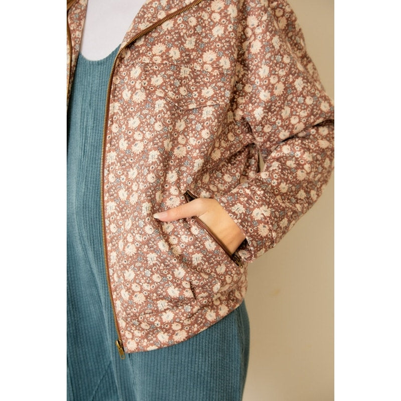 Brown Floral Print Zip Jacket