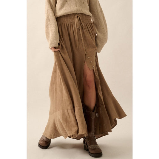 Espresso Smocked Elastic-Waist Front-Slit Crepe Maxi Skirt