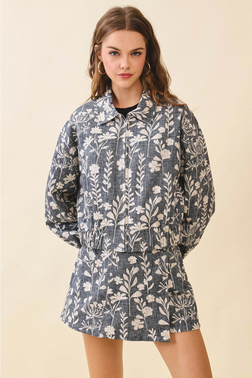 Botanical Print Pointed Collar Cropped Jacket