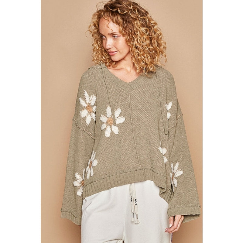 POL Basil Hooded V-Neck Floral Ribbed Sweater