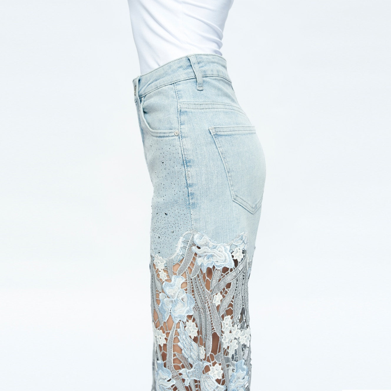 High Rise Wide Leg Jeans with Lace and Rhinestones
