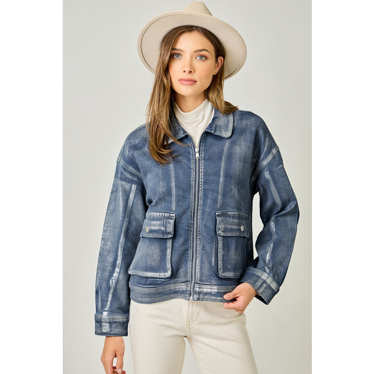 Denim Pearl Metallic Washed Denim Jacket