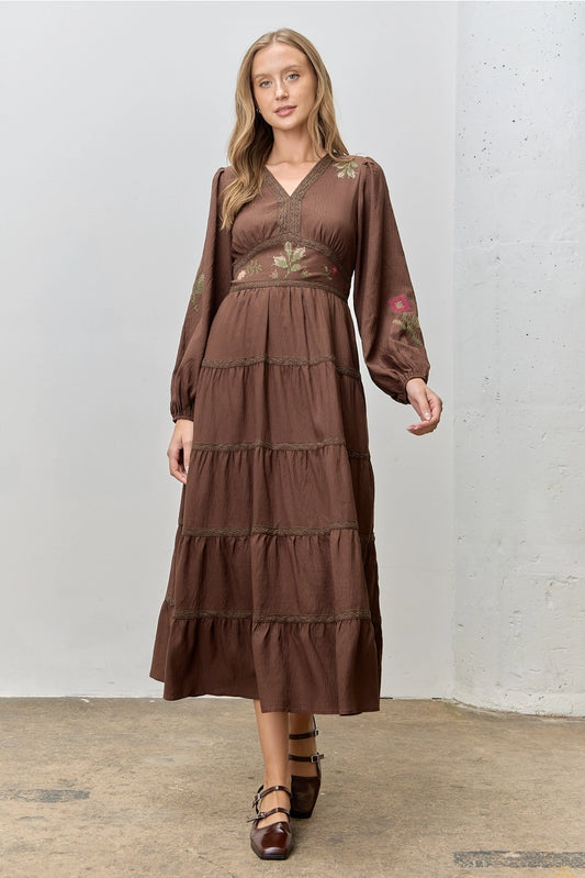 Embroidered Lace Trim Long Sleeve Midi Dress