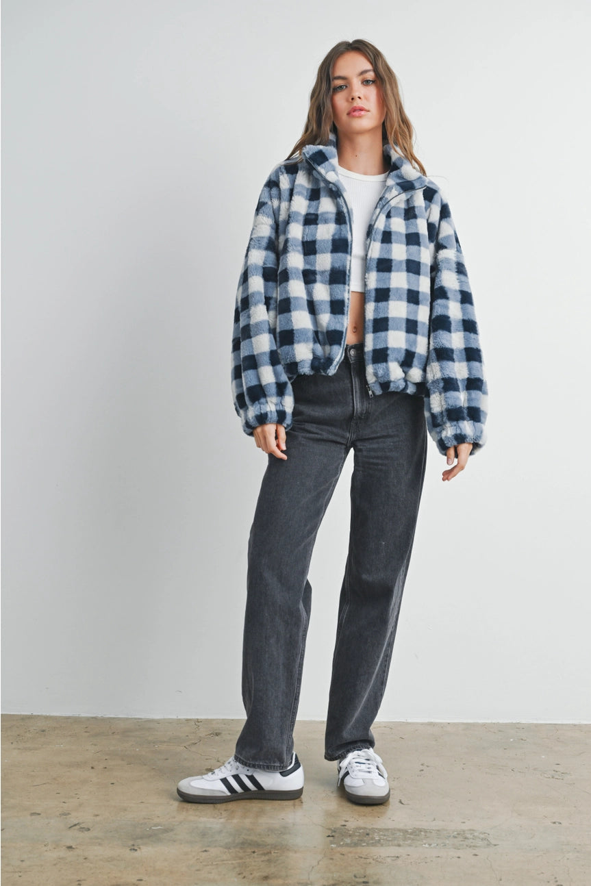Picnic Drop Shoulder Plaid Fuzzy Jacket