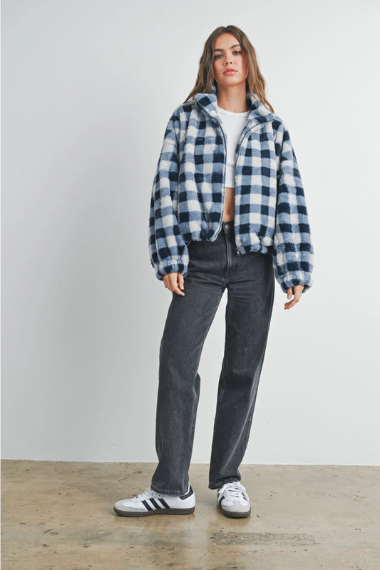 Picnic Drop Shoulder Plaid Fuzzy Jacket