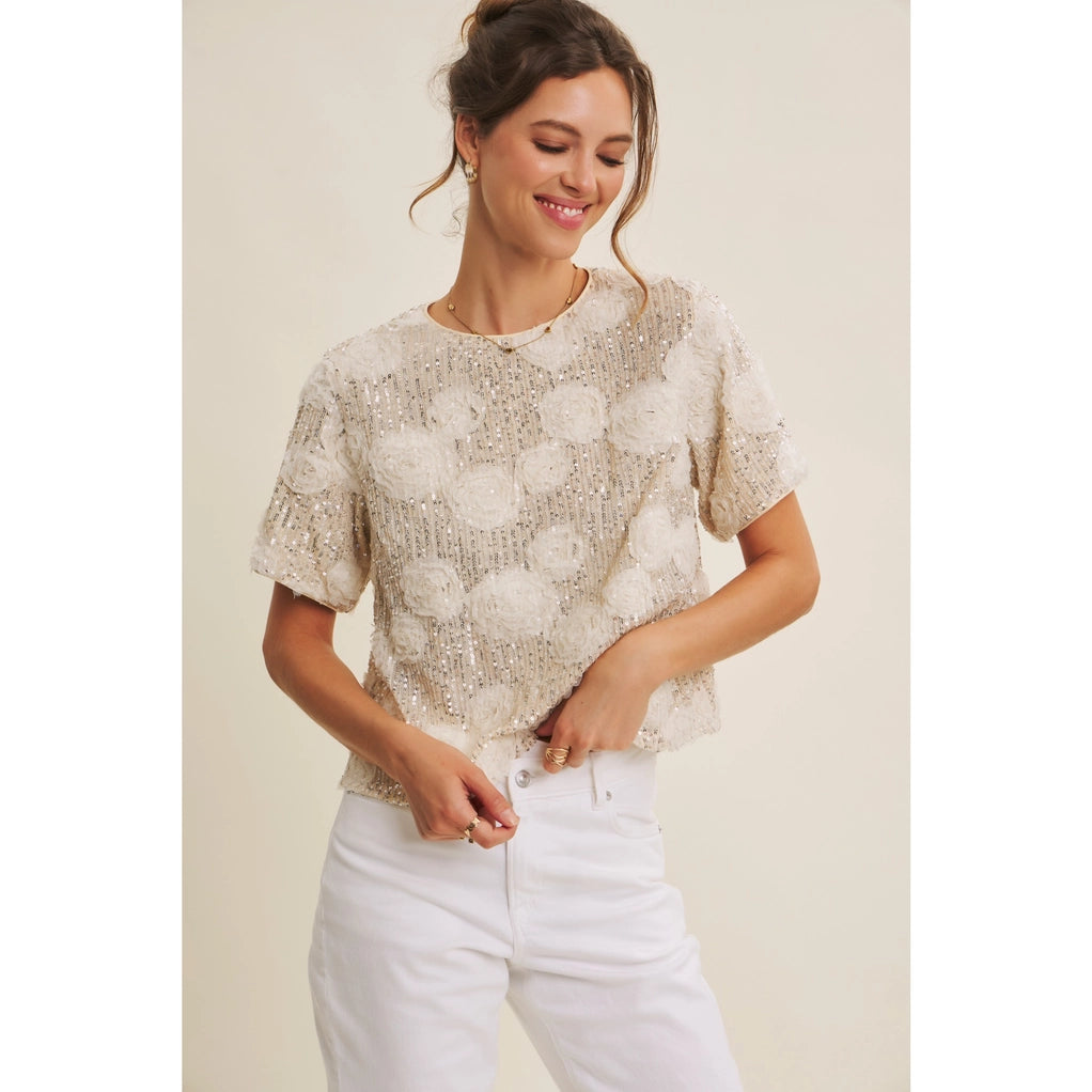 Light-Catching Elevated Shine Sequin 3D Floral Oversized Top