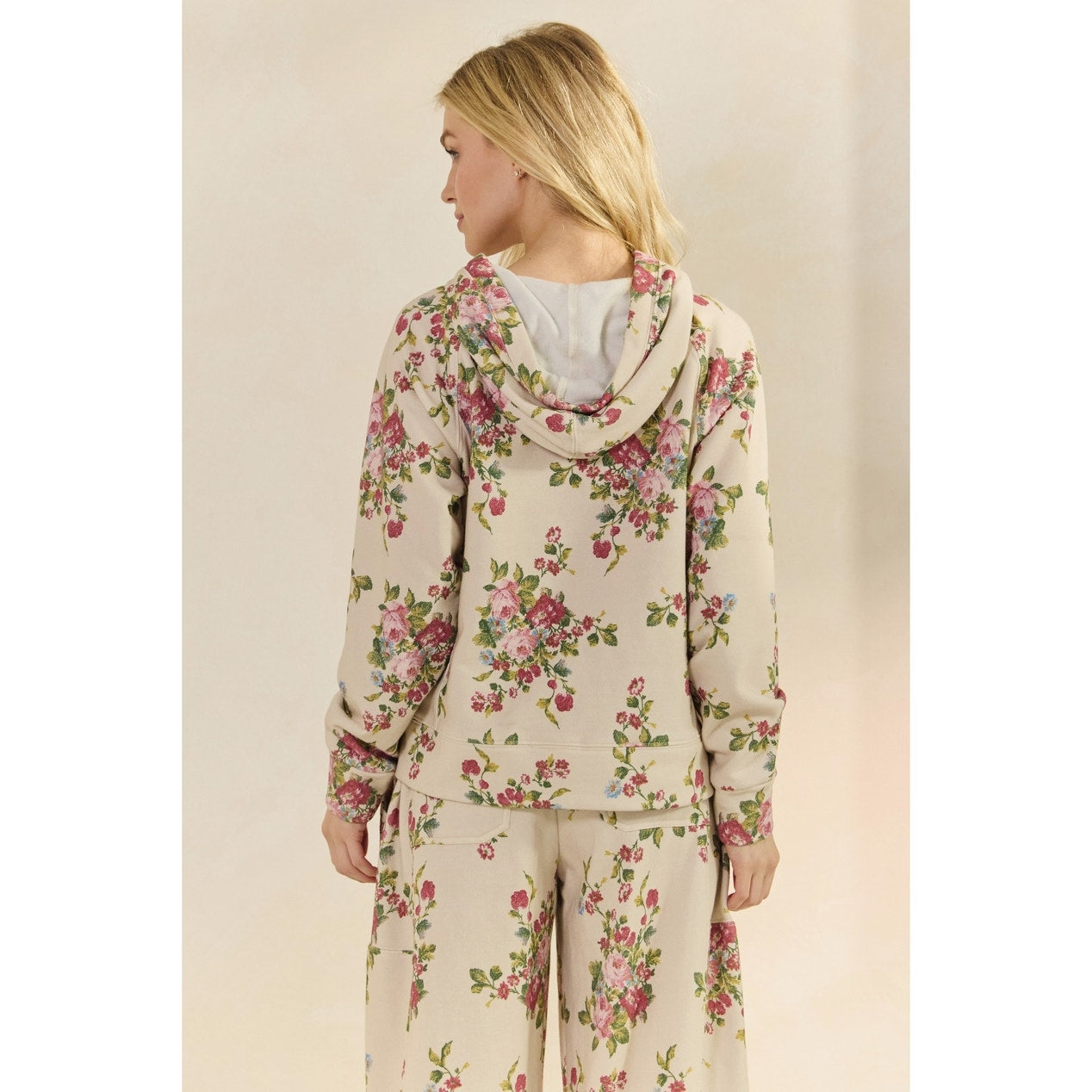 Beige Floral Printed French Terry Hoodie