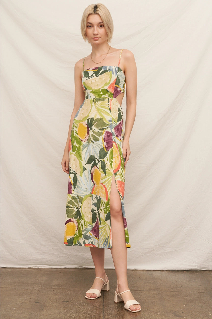 Tropical Fruit Print Sleeveless Midi Dress with Tie-Back