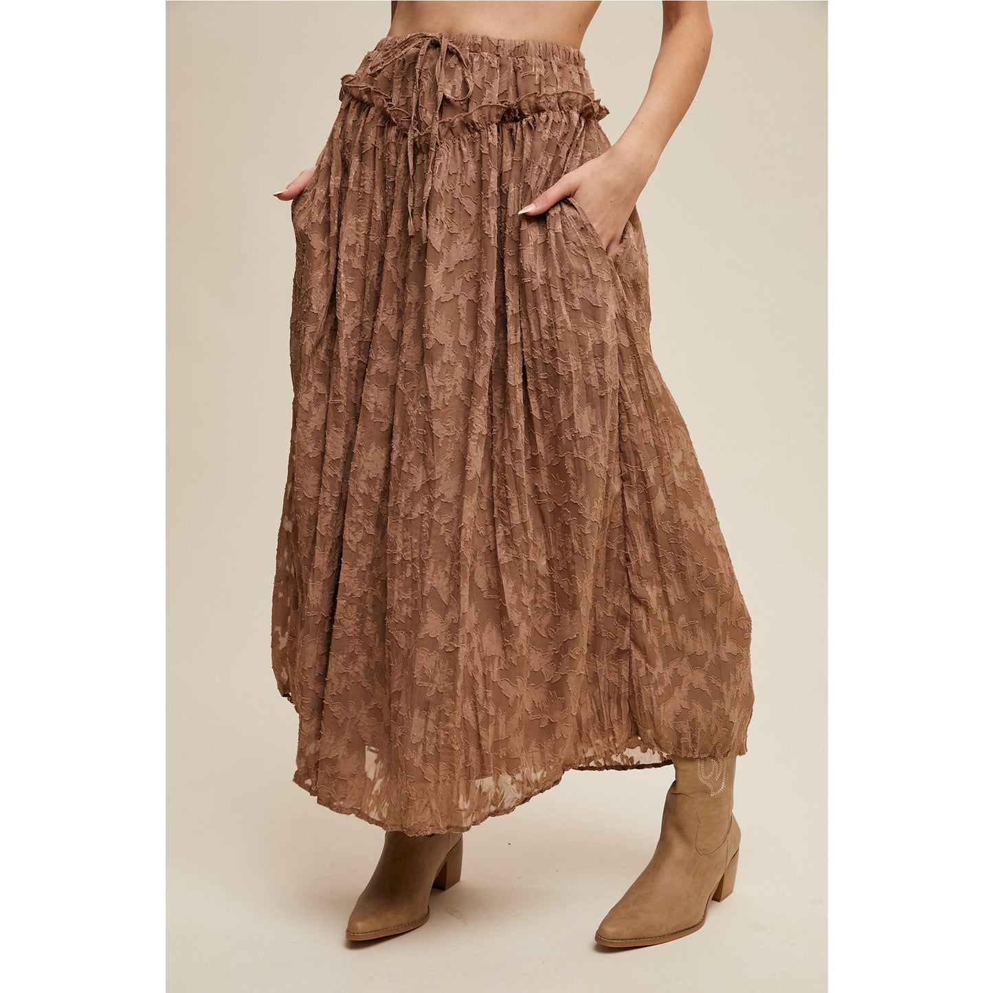 Brown Floral Textured Maxi Skirt
