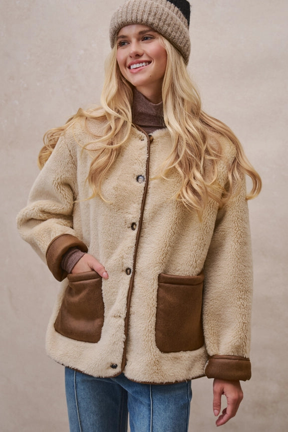 Faux Shearling Jacket with Suede Pockets