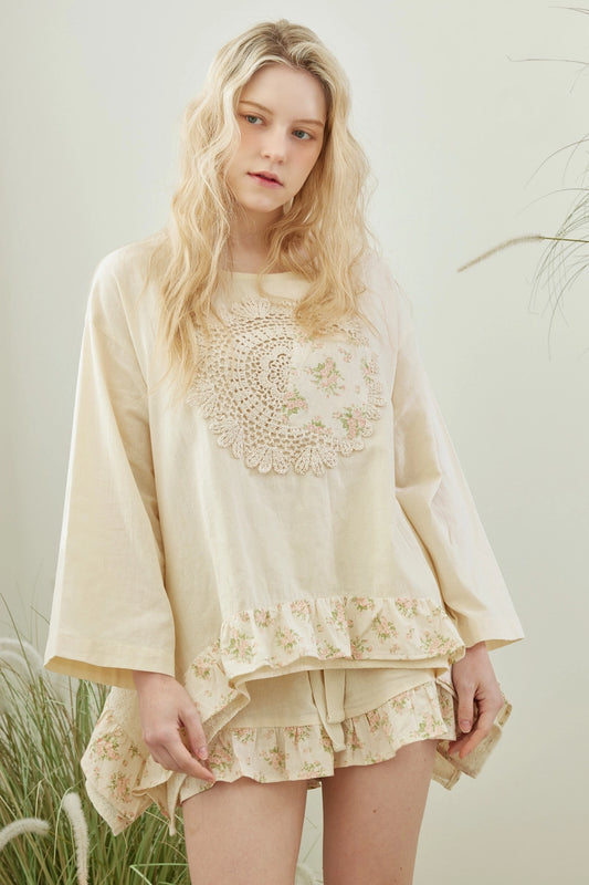 Boho Frilled Floral Crochet Patchwork Top