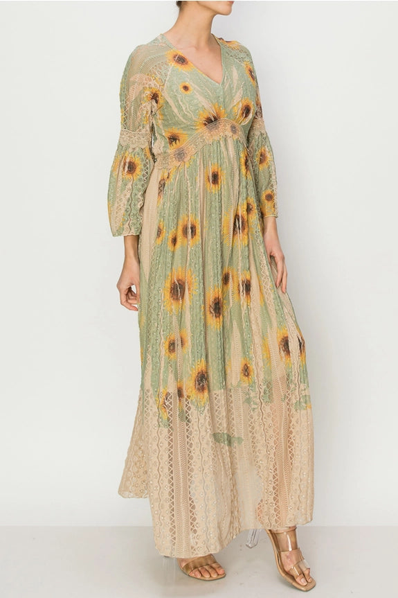 All Lace Bell-Sleeved Sunflower Dress