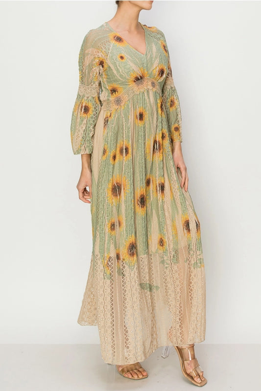All Lace Bell-Sleeved Sunflower Dress