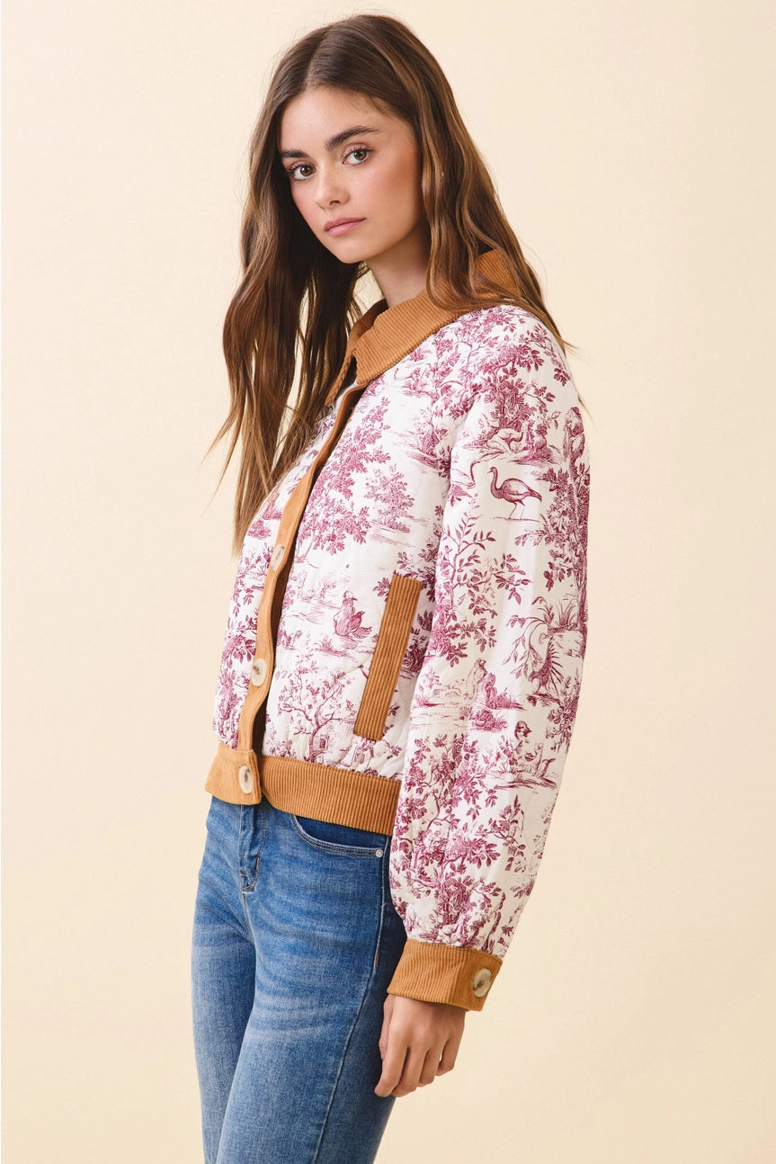 Toile Print Oversized Button Bomber Jacket