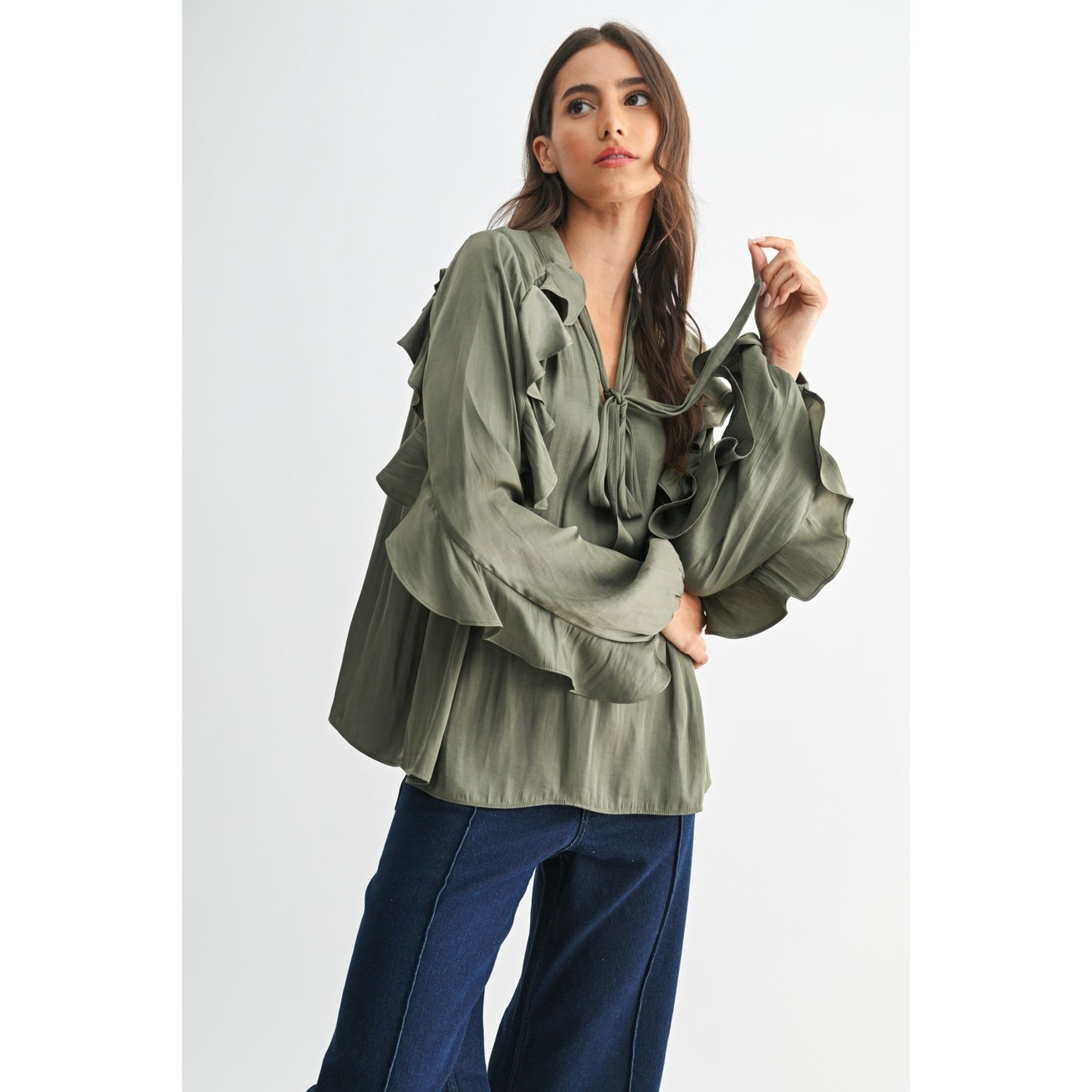 Exquisite Olive Ruffled Detail Blouse