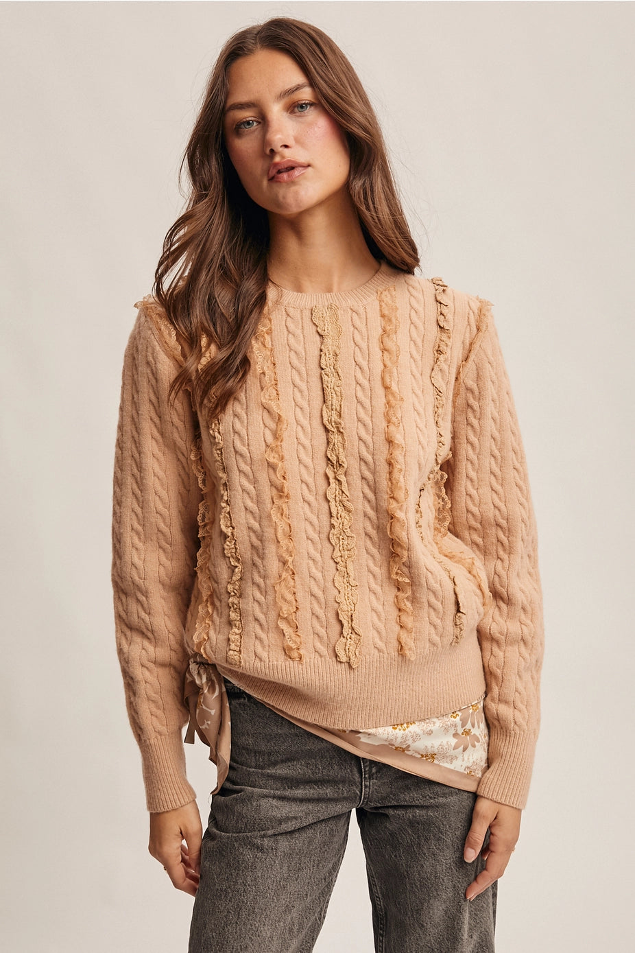 Oatmeal Lace Trim Cable Knit Pullover