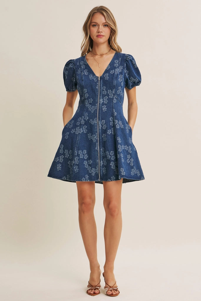 Mineral-Washed Floral Denim Fit and Flare Mini