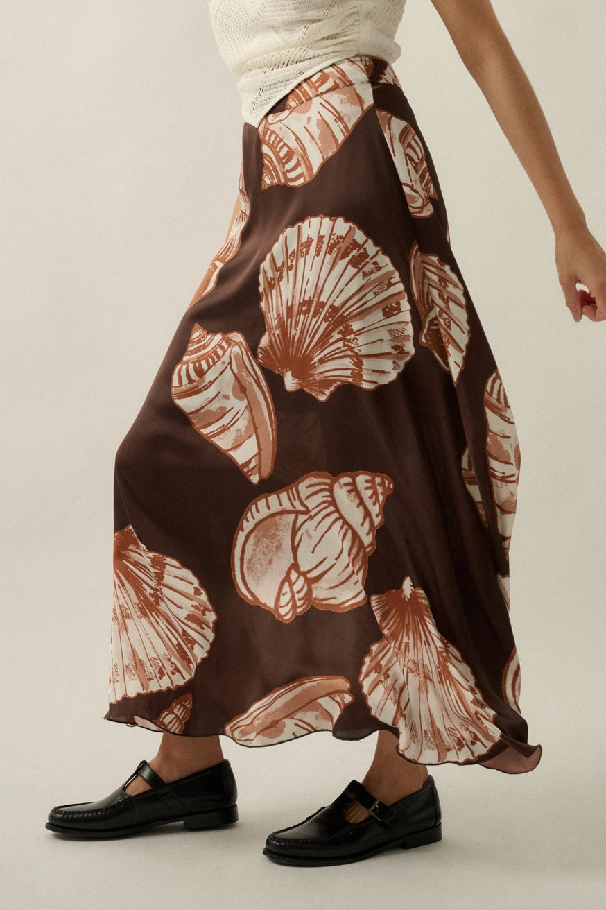 Seashell-Print Satin A-Line Maxi Skirt