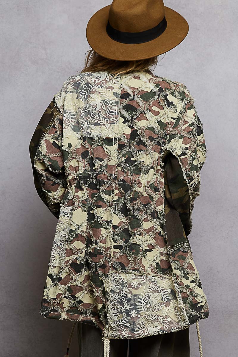 Contrast Lace and Patchwork Camo Parka Jacket