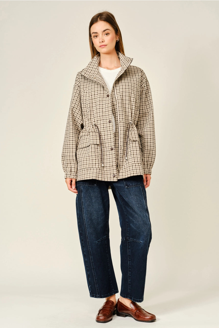 Plaid Faux Leather Mock Neck Detail Jacket