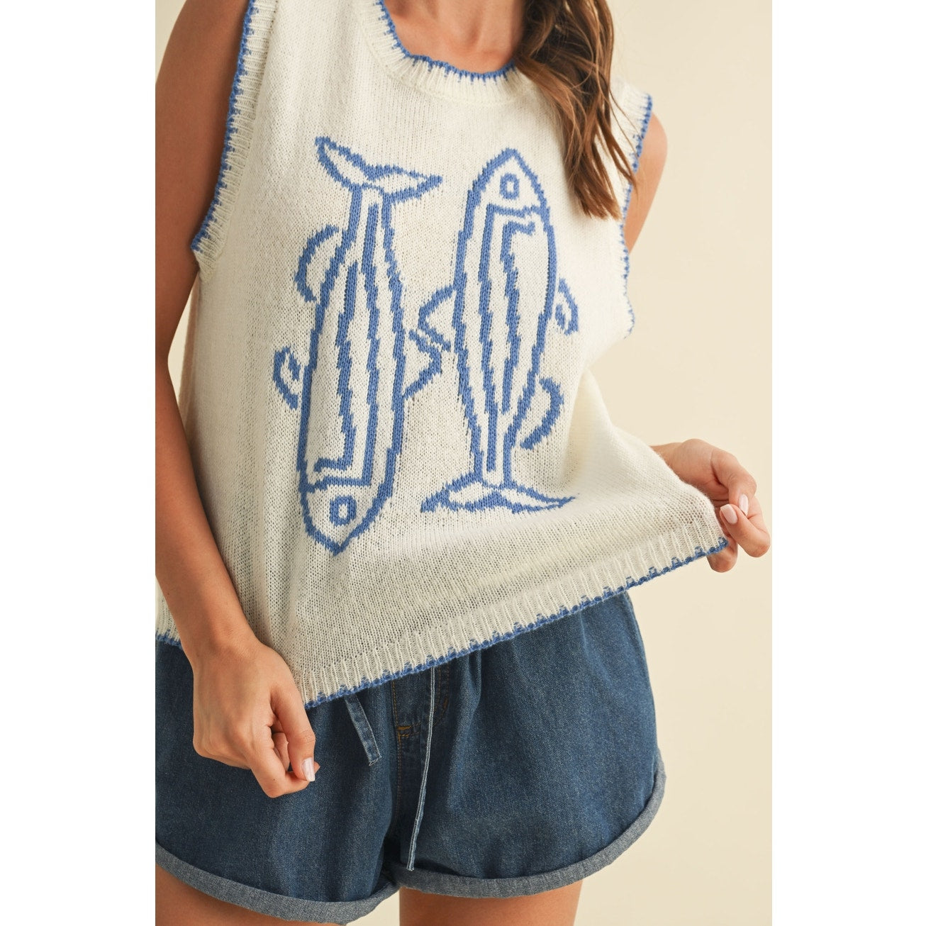 Blue & Cream Fish Printed Sleeveless Sweater Top