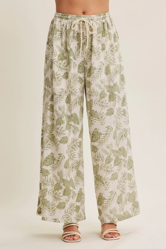 Dusty Sage Summer Days Tropical Palm Leaf Wide-Leg Woven Pants