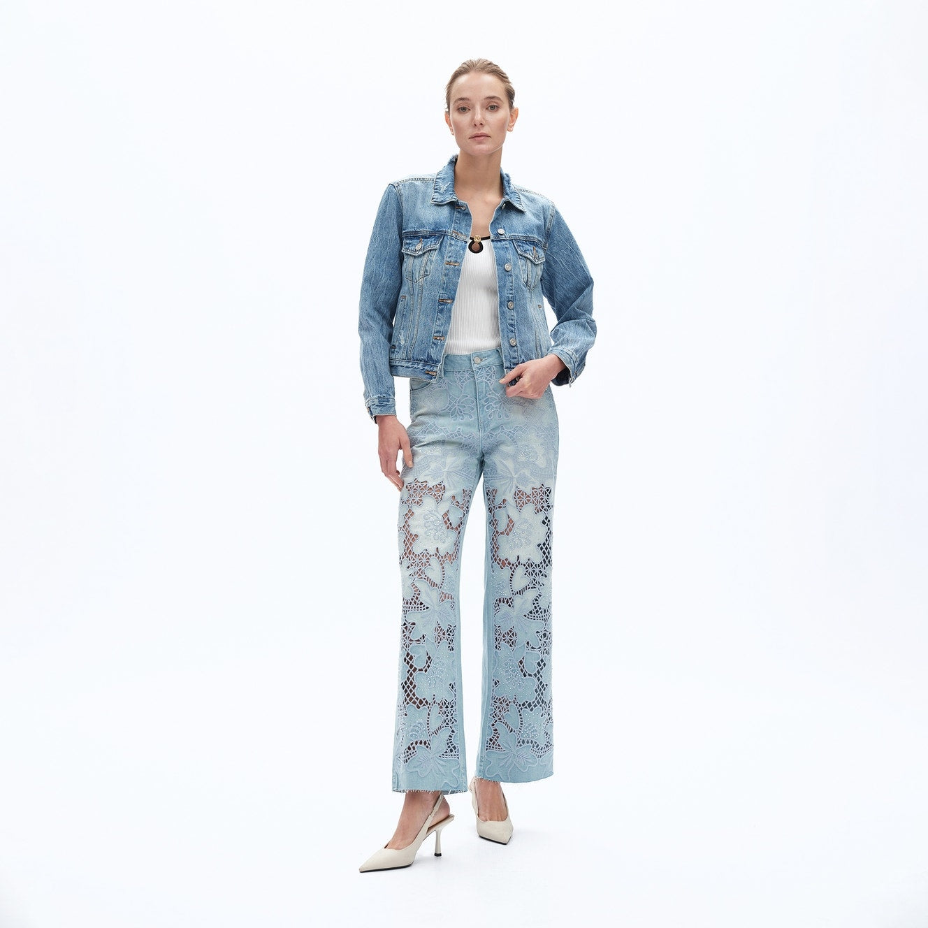 High Rise Straight Leg Cutout Embroidered Jeans with Raw Hem