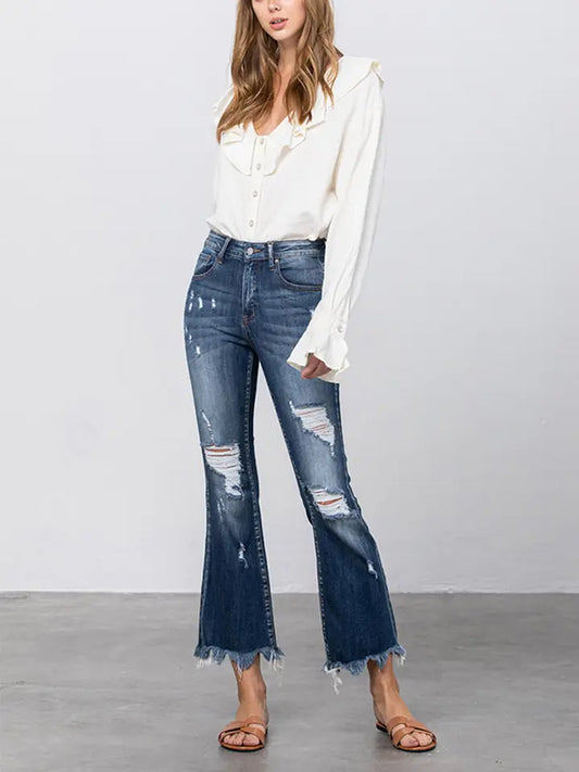 Insane Gene High Stretch Mid Rise Frayed Hem Distressed Crop Flare Jeans
