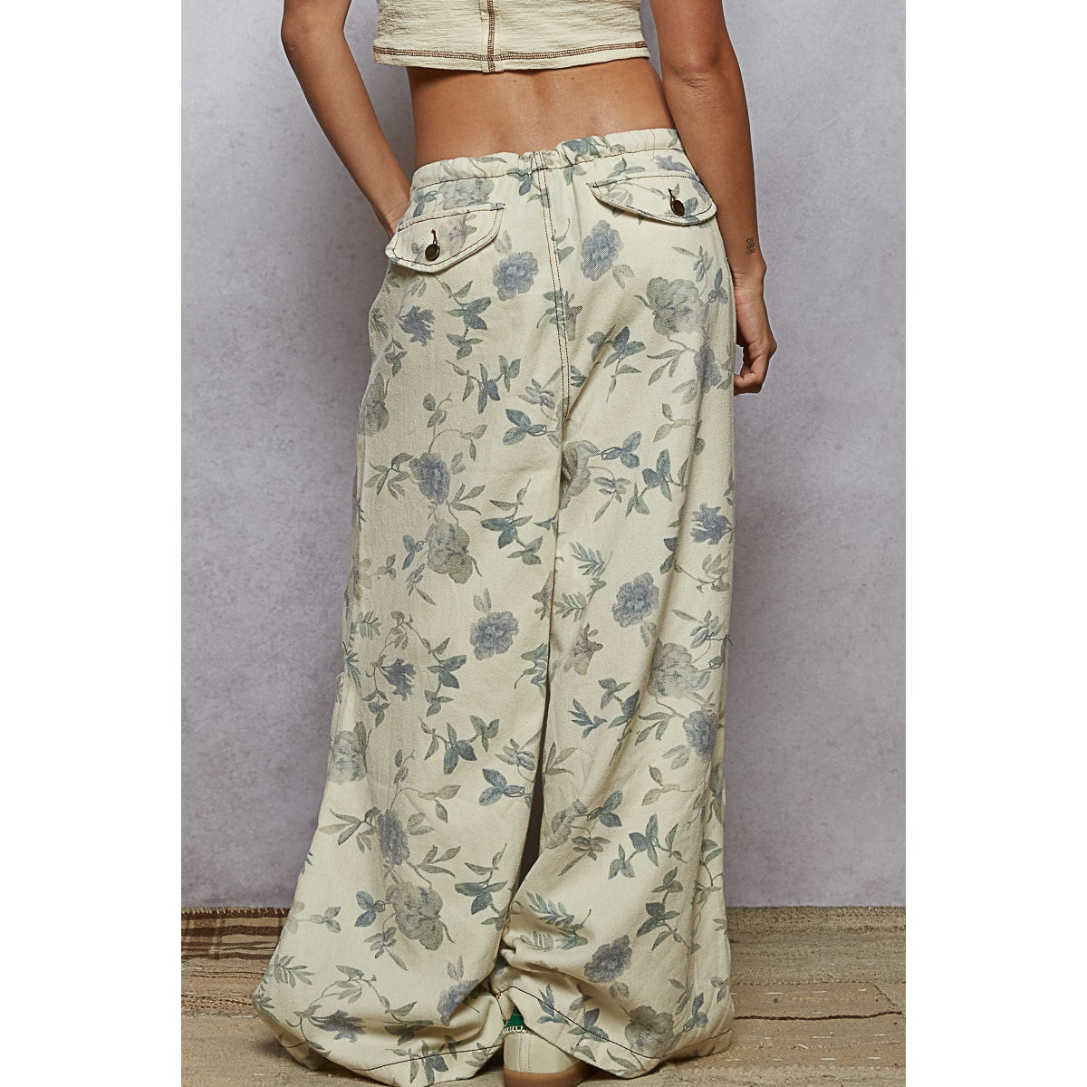 Cream Floral Lace Drawstring Detail Printed Twill Woven Pants