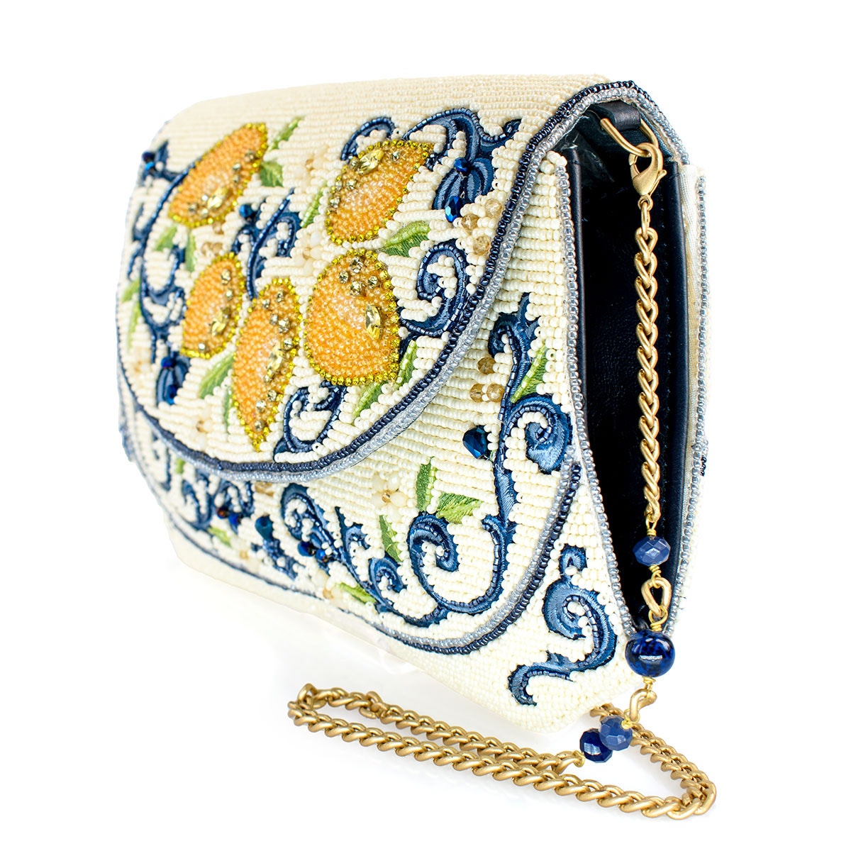 Mary Frances Capri Lemons Yellow and Blue Beaded Crossbody Handbag