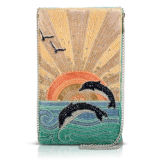 Mary Frances Flip For Joy Sunset and Dolphins Beaded Crossbody Phone Bag