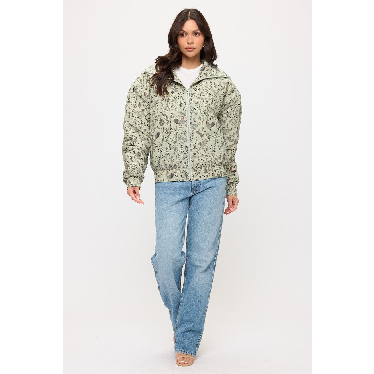 Rooster Floral Print Bomber Puffer Jacket