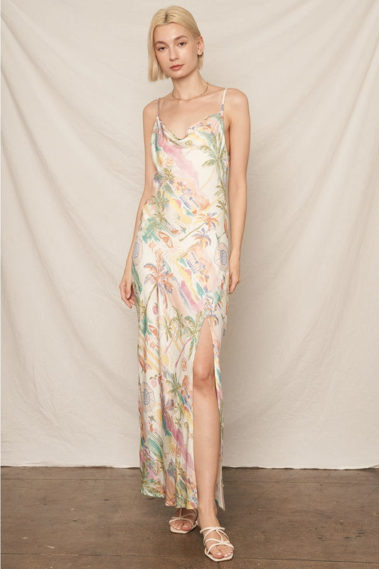 Beachy Print Sleeveless Cowl Neck Maxi Dress