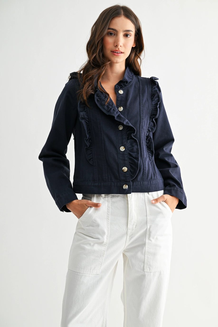 Navy Ruffled Button-Up Denim Jacket