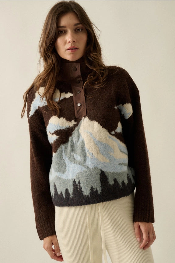 Chocolate Jacquard-Knit Landscape Quarter-Zip Pullover Sweater Jacket