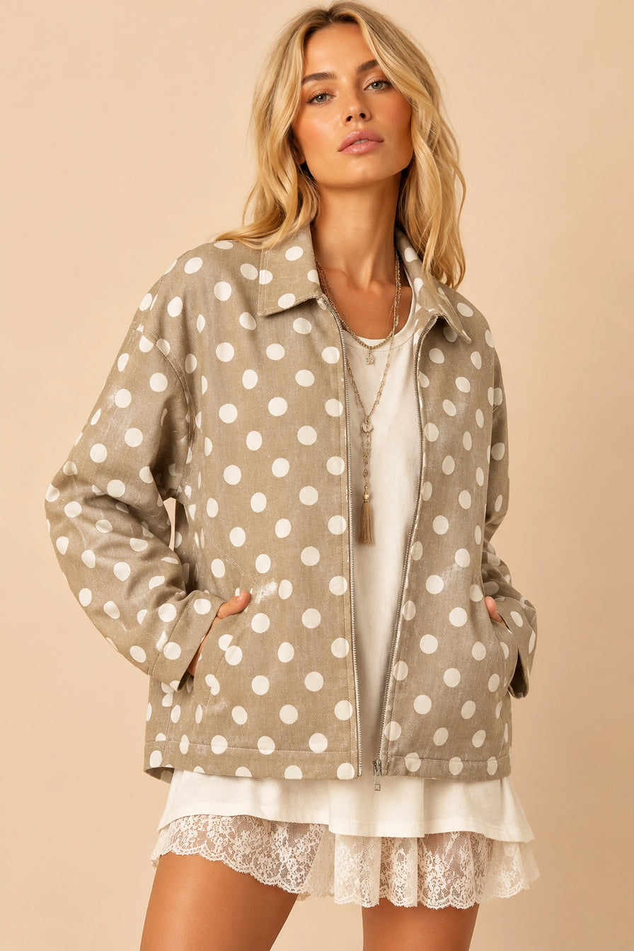 Taupe Polka Dot Twill Zip-Up Jacket