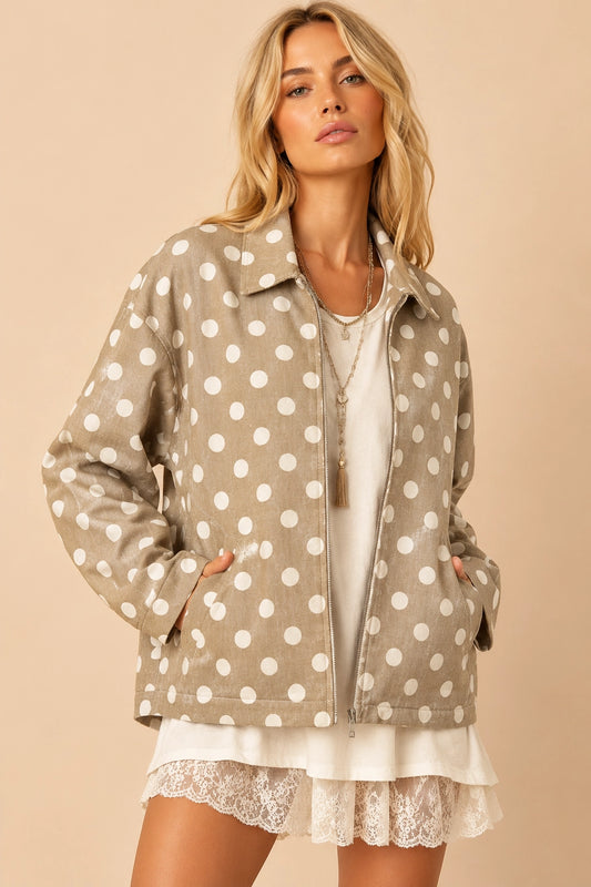 Taupe Polka Dot Twill Zip-Up Jacket