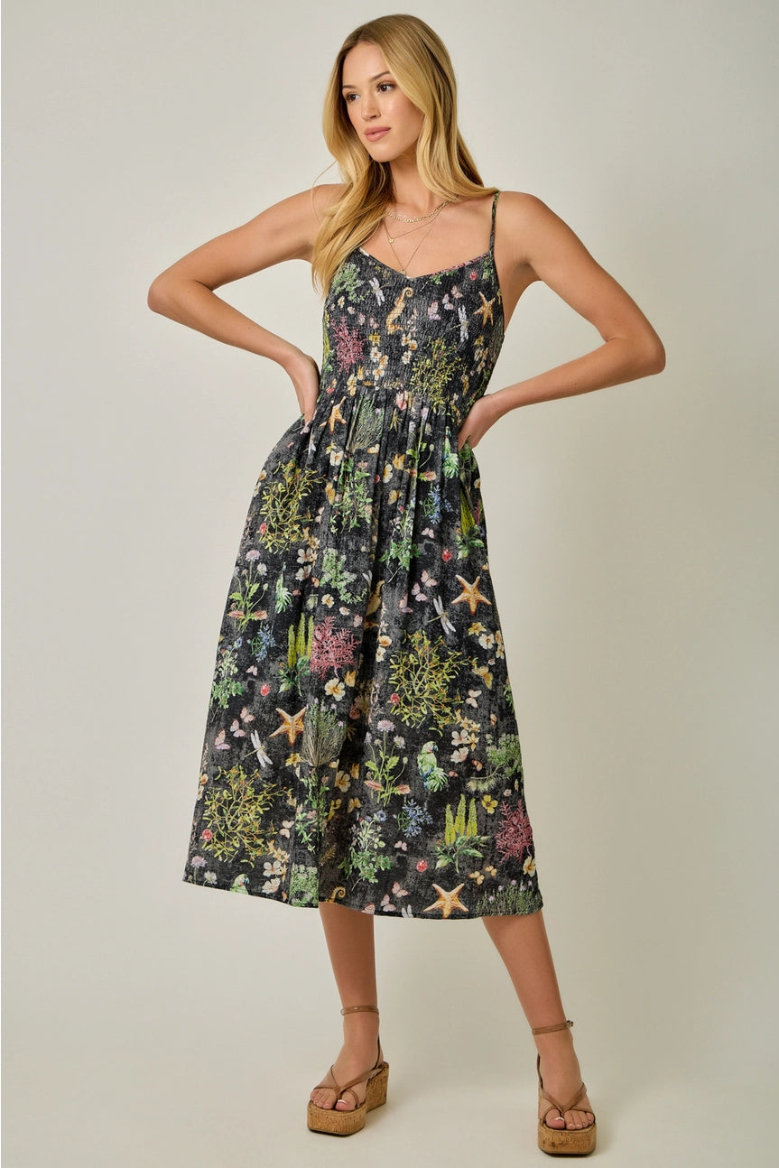 Black Printed Double Gauze Smock Dress