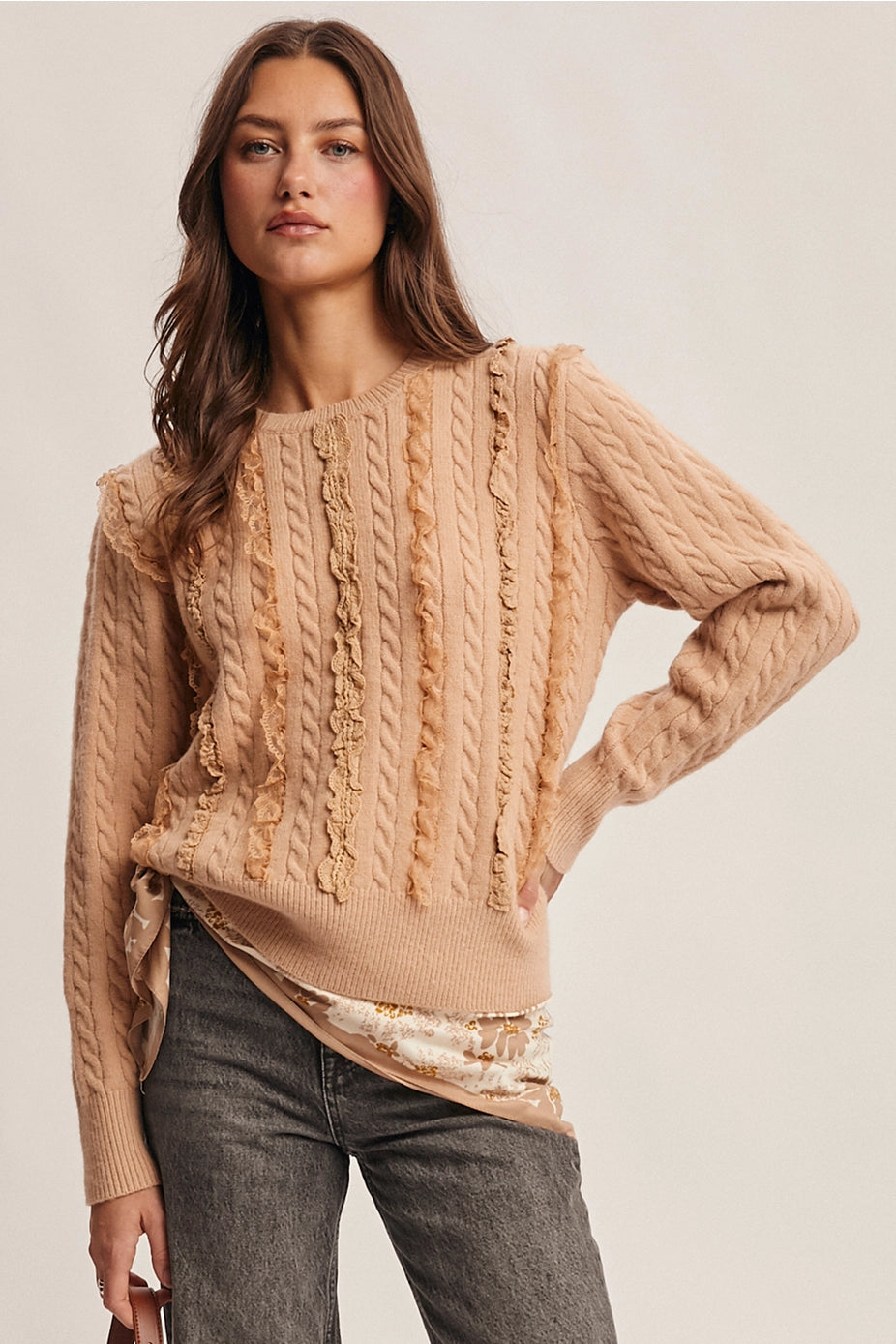 Oatmeal Lace Trim Cable Knit Pullover