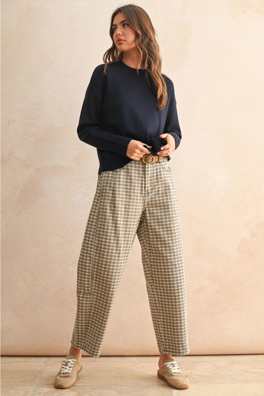 Mini Checker Pattern Barrel Pants