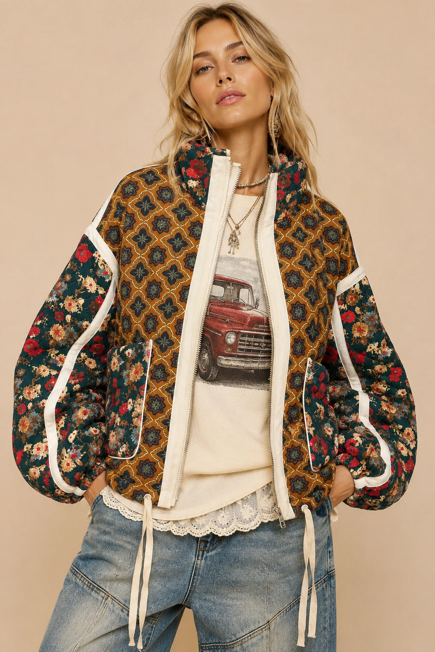 Marigold Garden Patchwork Quilted Bomber Jacket