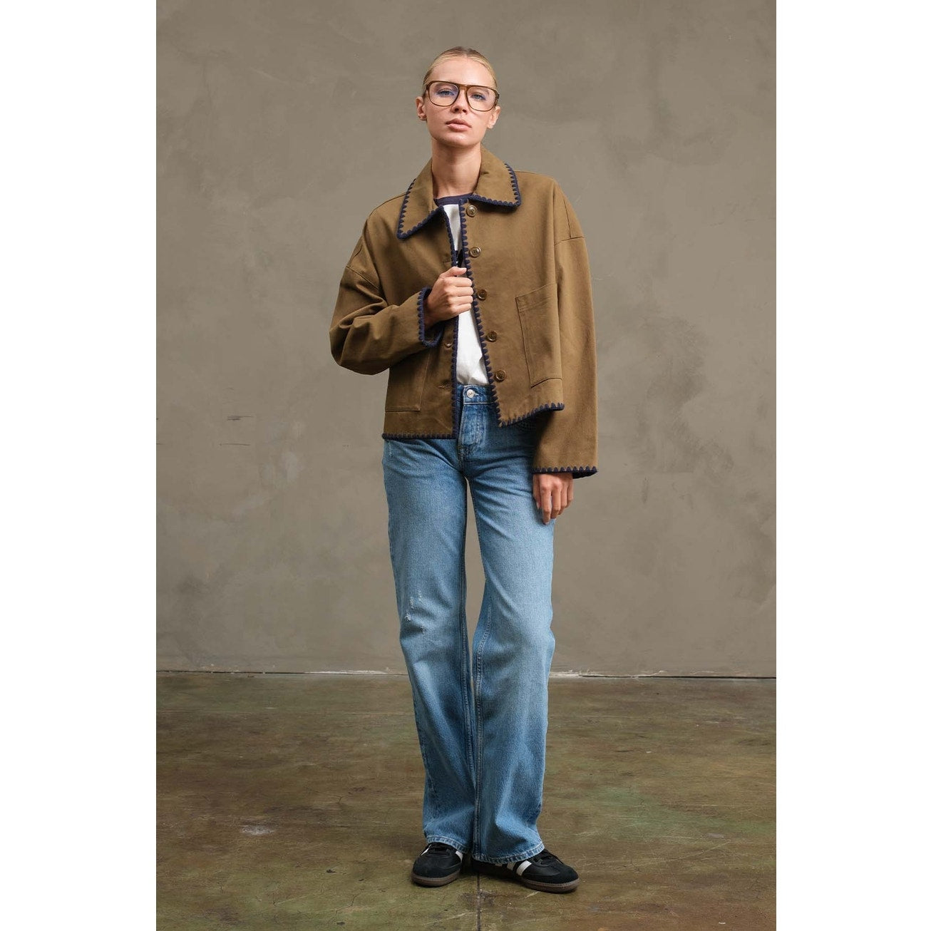 Olive Collar Jacket with Contrast Stitching