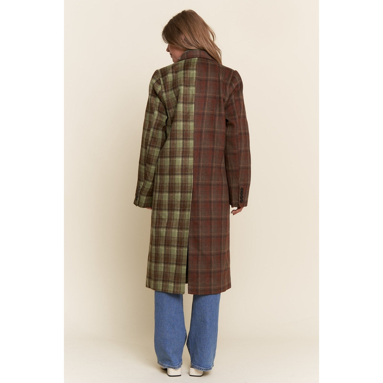 Plaid Two-Tone Midi Length Coat