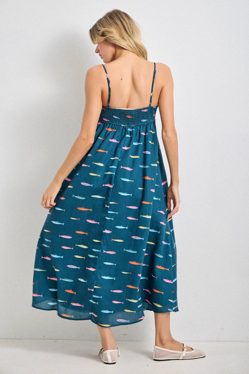 Teal Fish Print Sleeveless Midi Dress