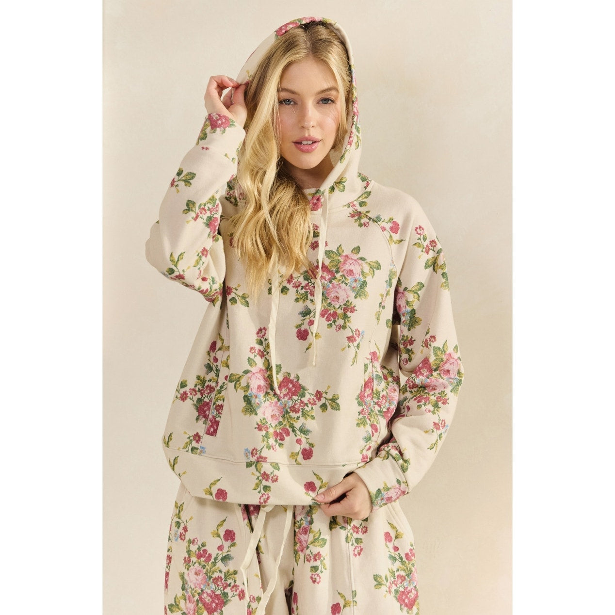 Beige Floral Printed French Terry Hoodie