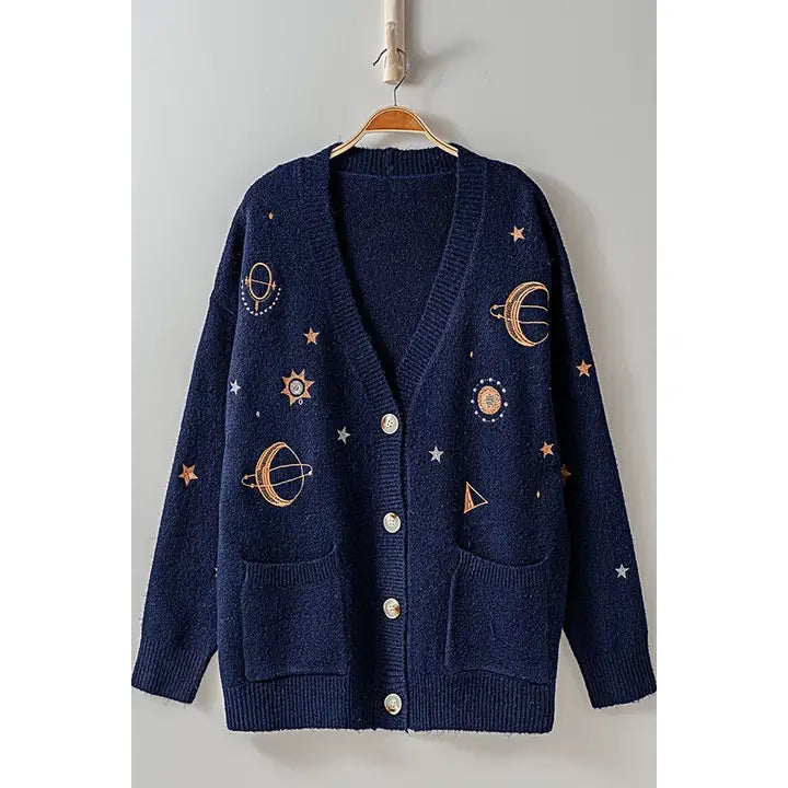 Navy Celestial Embroidered Ribbed Knit Long Sleeve Cardigan